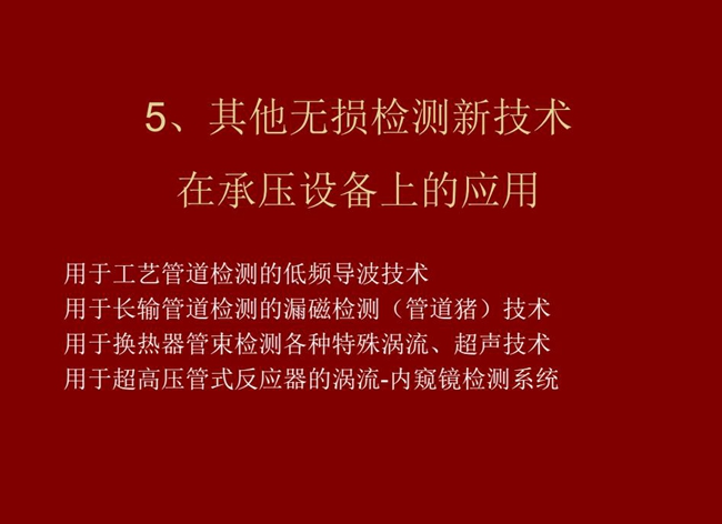 目录：1、低频导波技术；2、管道猪技术；3、各种特殊涡流、超声技术；4、用于超高压管式反应器的内窥镜检测系统