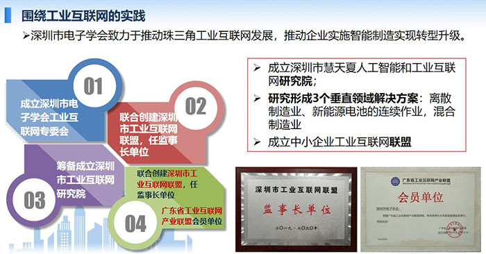 围绕工业互联网的实践：深圳市电子学会致力于推动珠三角工业互联网发展，推动企业实施智能制造实现转型升级。